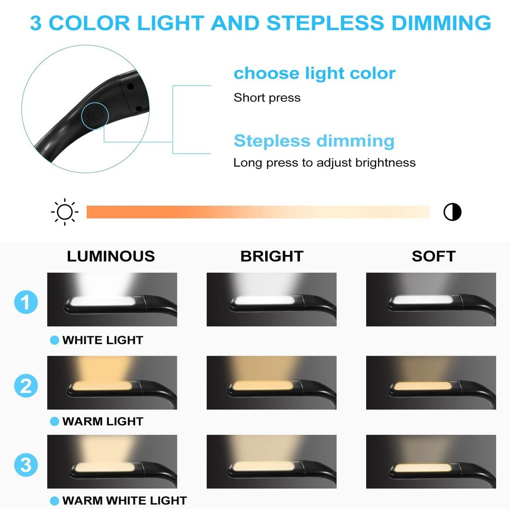LED Neck Reading Light Adjustable Brightness 3 Colors Bendable Arms