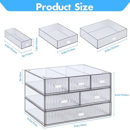 3 Tier Stackable Desk Organizer with 6 Drawers, Plastic Desktop Storage Clear