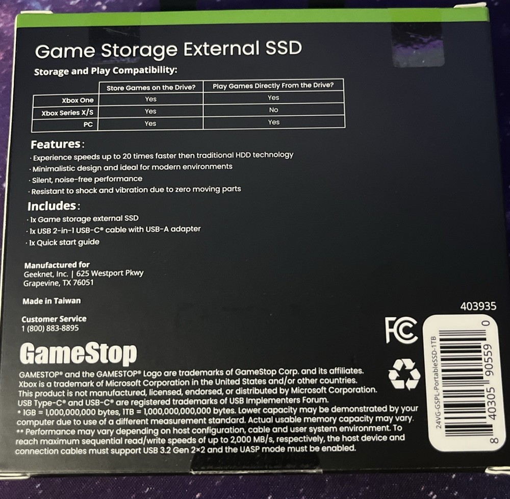 GameStop 1TB Game Storage External SSD - For Xbox/PC 2000MB/s