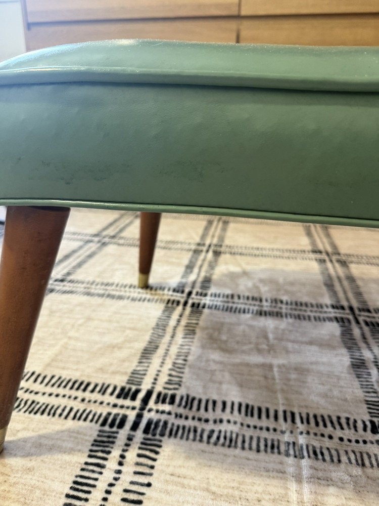Mid-Century Modern Aqua Green Vinyl Footstool – Tapered Legs Rectangular Ottoman