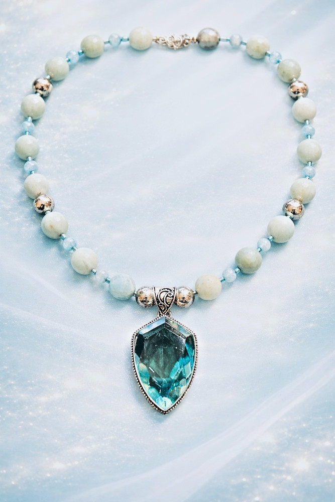 Handmade Amazonite Choker With Lab Created Blue Topaz, Pendant .