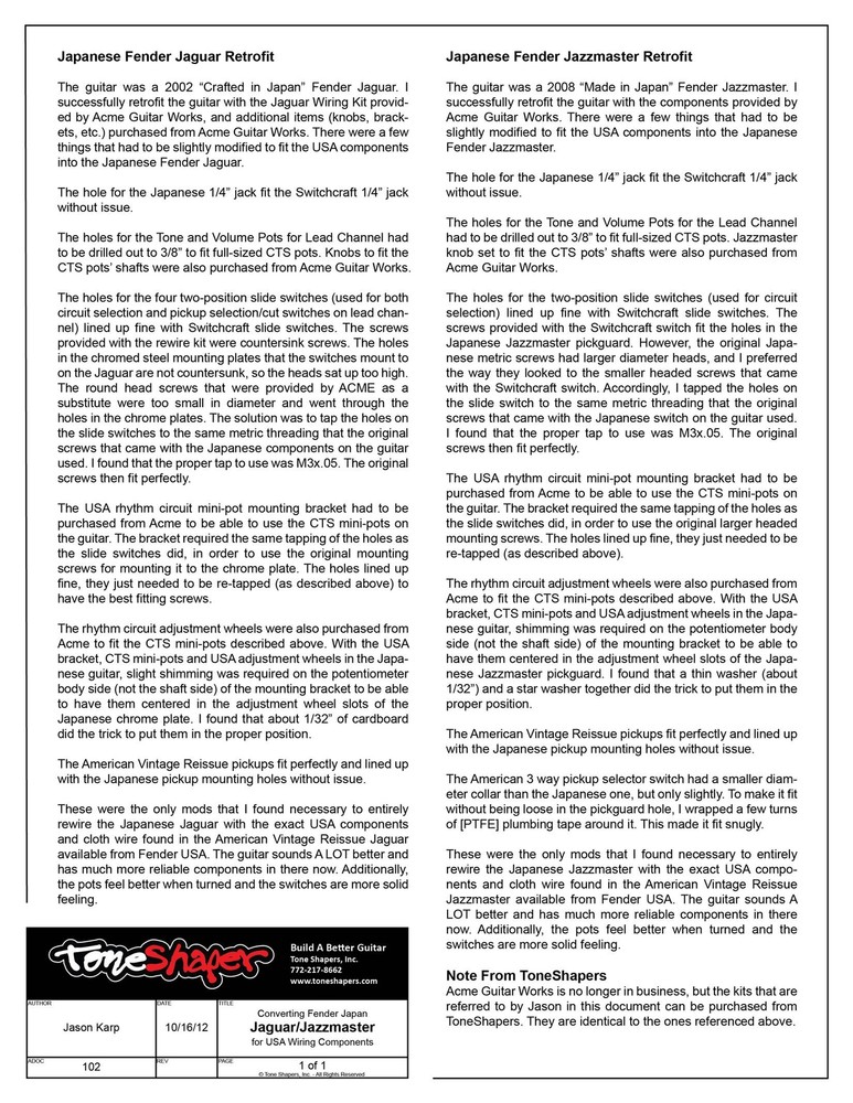 ToneShaper Wiring Kit, Jaguar