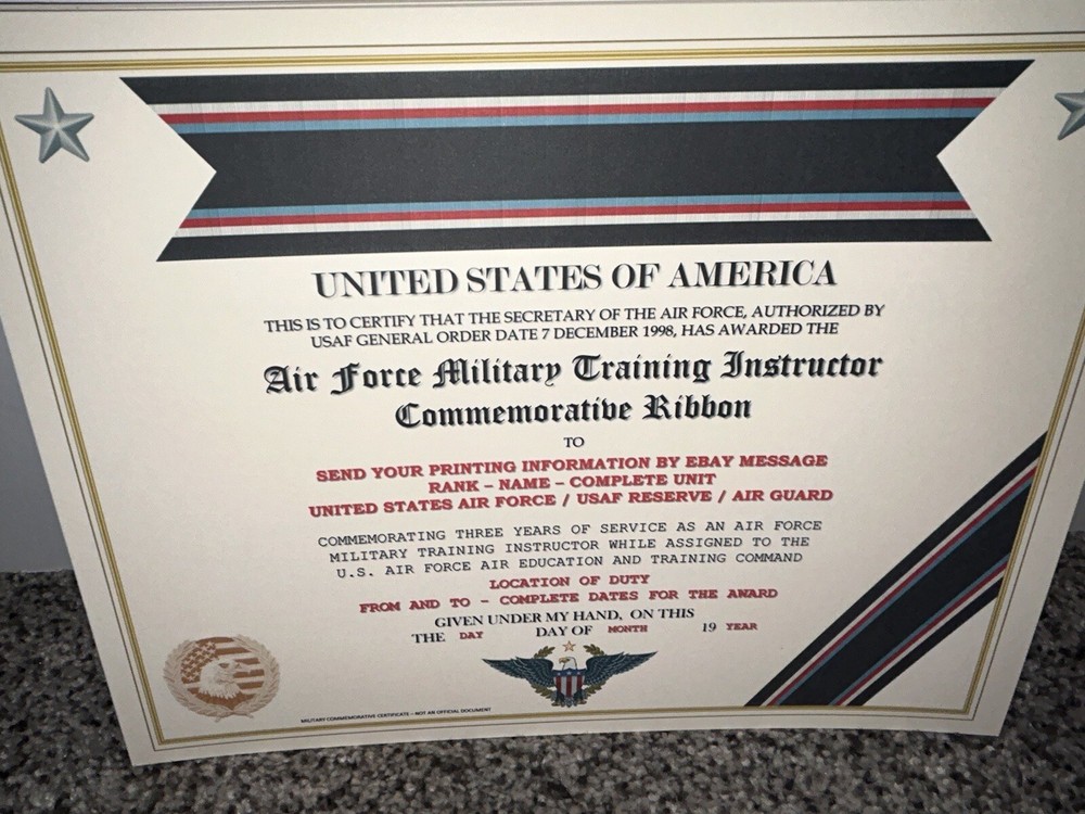 U.S. AIR FORCE TRAINING INSTRUCTOR COMMEMORATIVE CERTIFICATE ~ W/PRINTING TYPE-1
