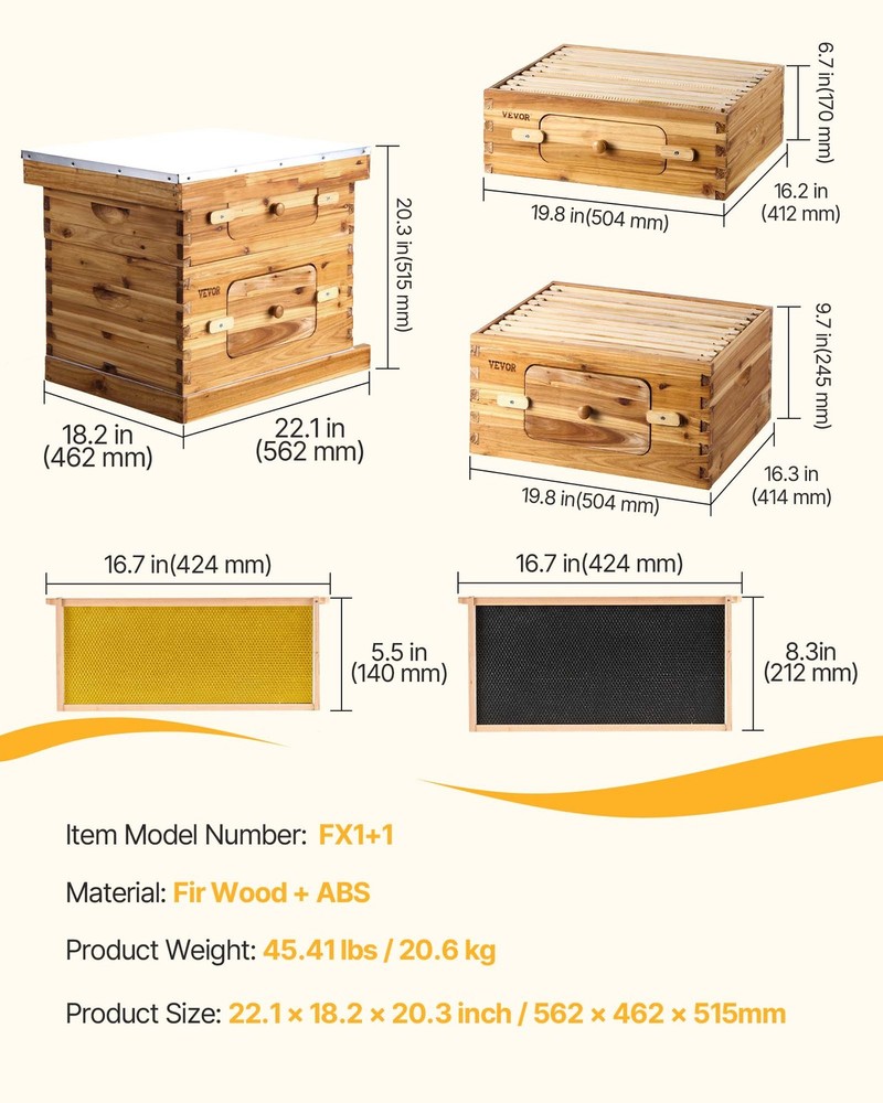 VEVOR Bee Hive Langstroth Kit 10 Deep & 10 Medium Frames with Acrylic Windows