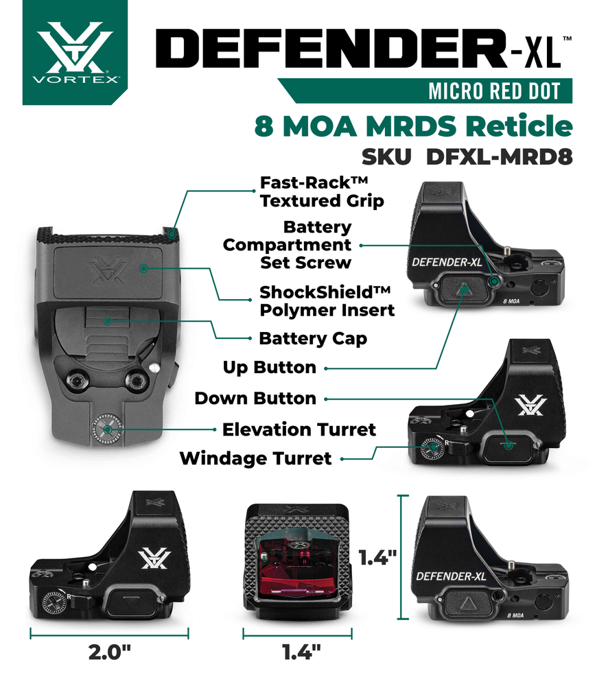 Vortex Optics Defender-XL Micro Waterproof 8 MOA Red Dot Sight with Free CD Hat