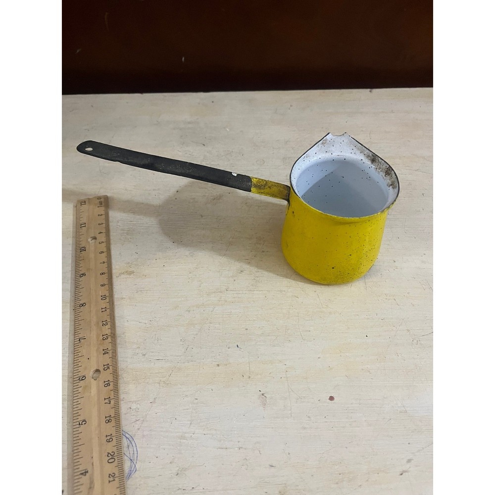 Vintage Yellow Enamelware Turkish Coffee Pot Long Handle Primitive Rustic Decor