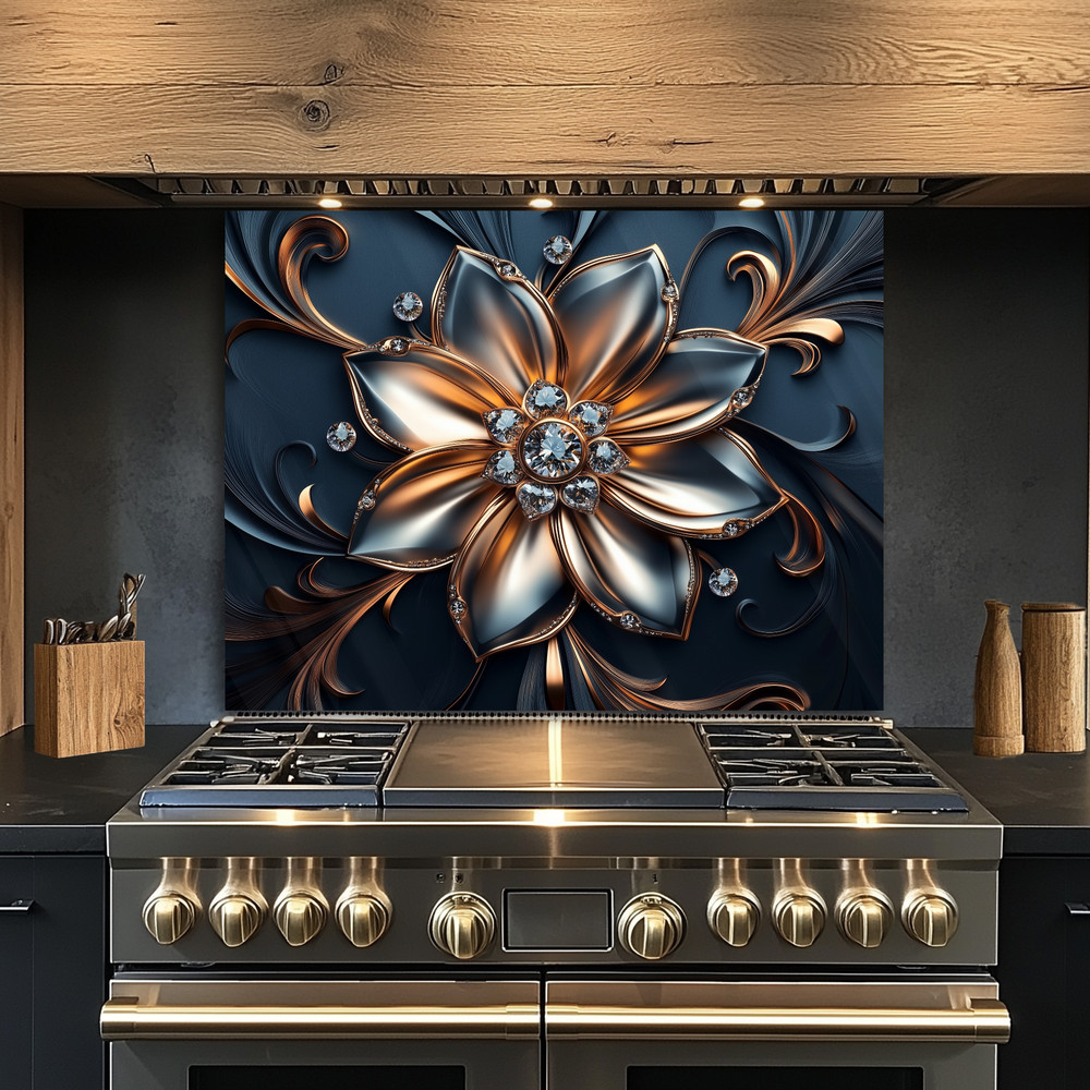 Silver & Copper Floral Backsplash Panel, Luxury Diamond Flower Kitchen Wall Art