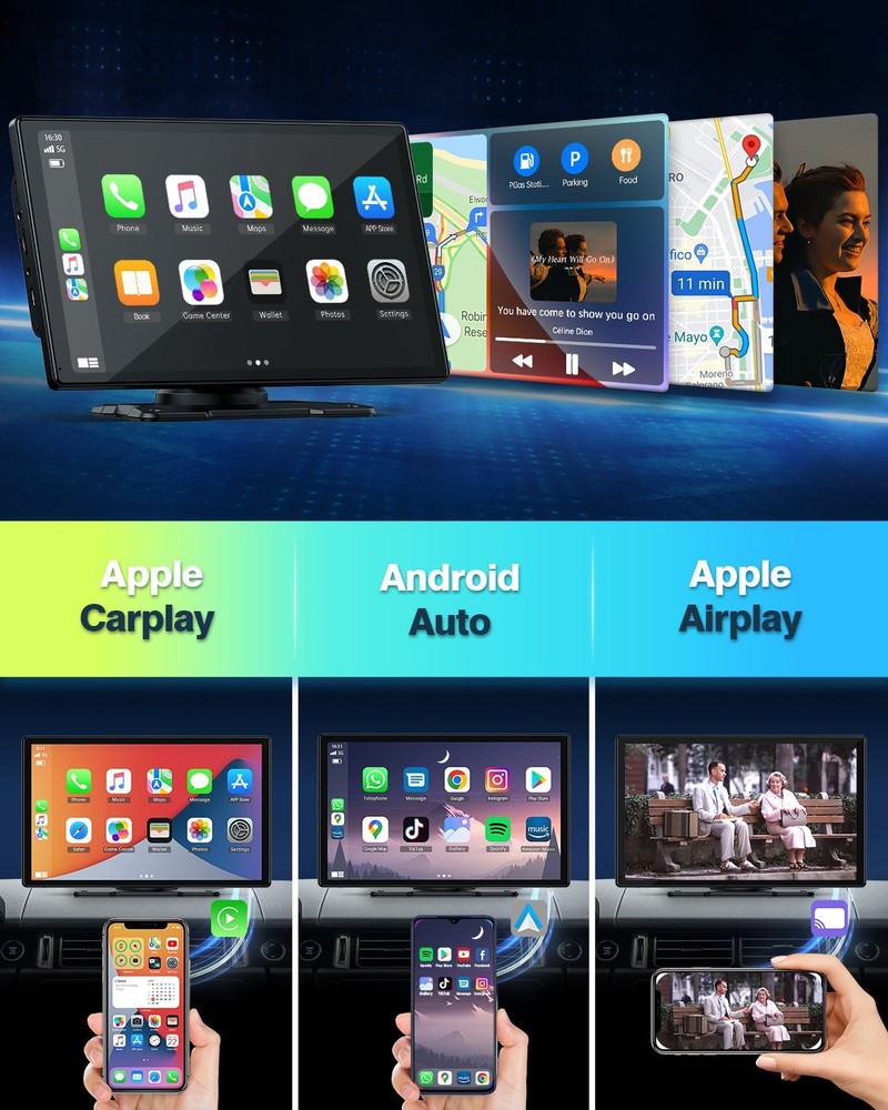 Portable Wireless Apple CarPlay and Android Auto 9" IPS Touch Screen w/ Rear Cam