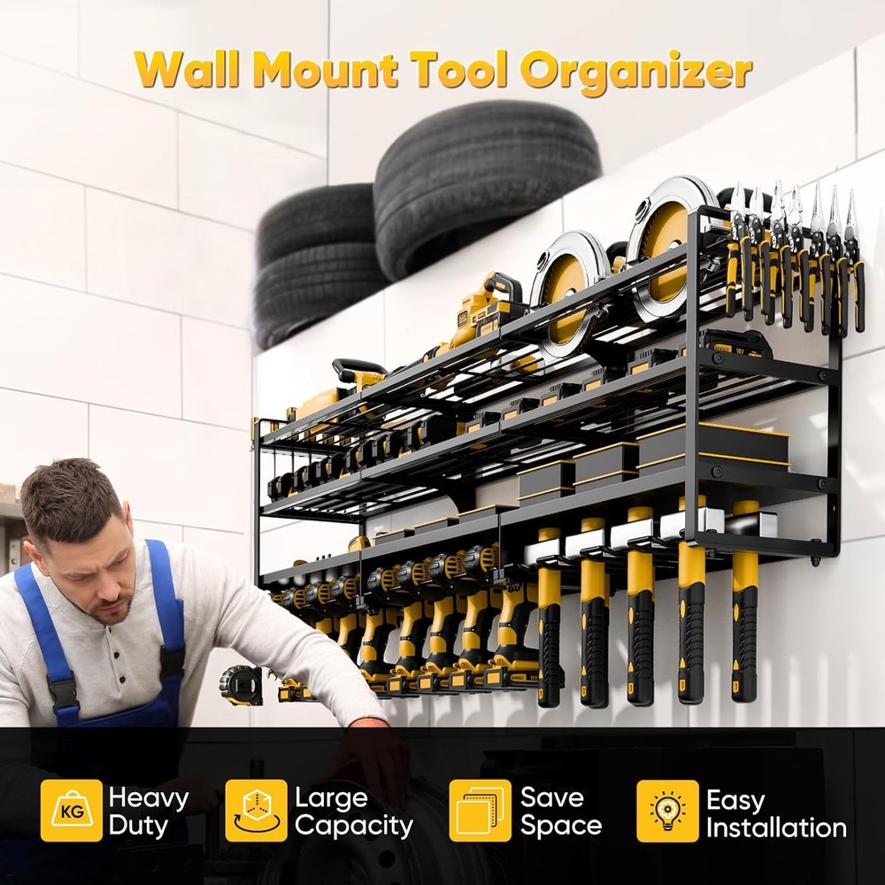 Power Tool Organizer Wall Mount - 600Lbs Load 4 Layer Storage Rack with 12 Drill