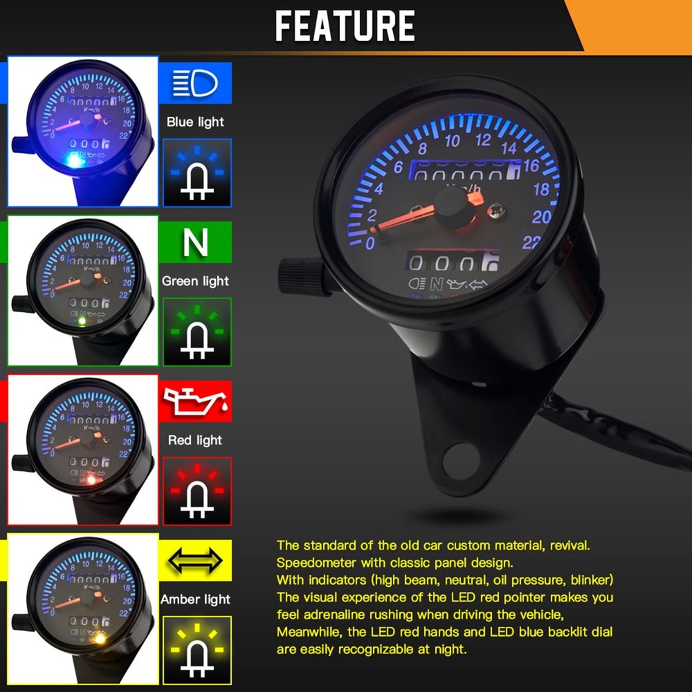 Motorcycle Speedometer 220km/h, Motorcycle Odometer Speedometer with Indicator Light...