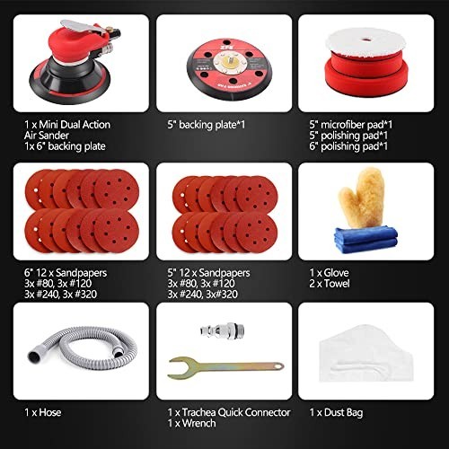 5" & 6" Pneumatic Random Orbital Sander, Low Vibration, Extra Backing Plate, Pad