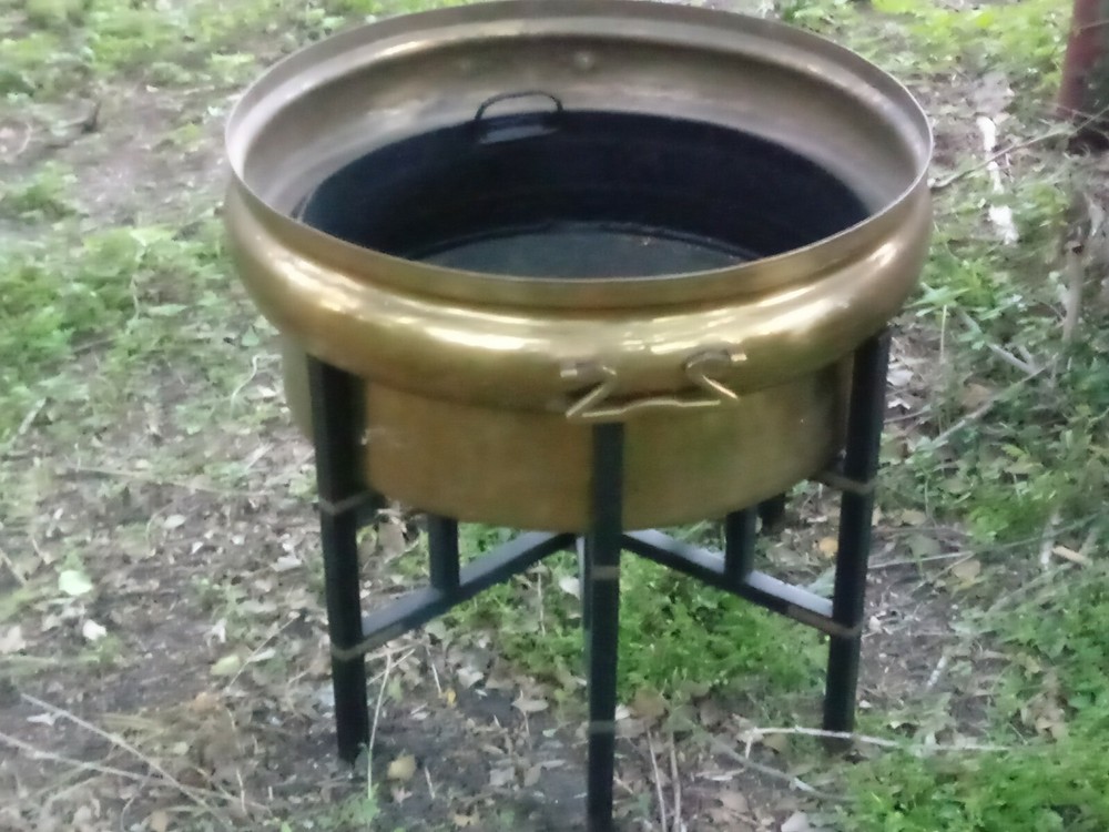 HUGE COPPER BRASS PLANTER POT STAND HANDLES INSERT COFFEE TABLE BASE