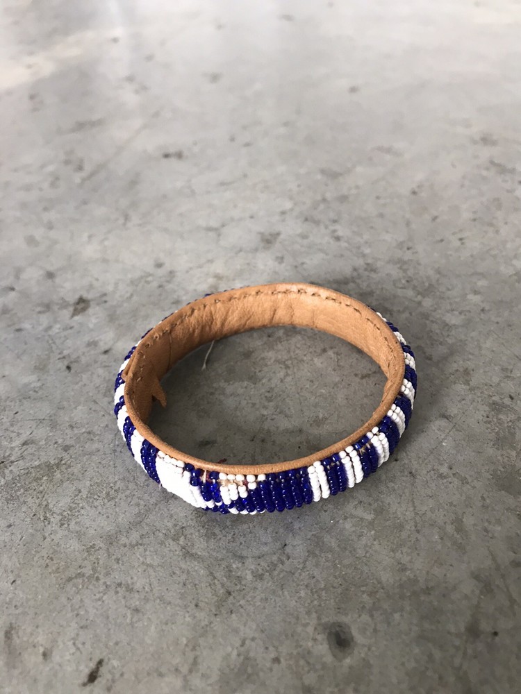 Handmade Blue White Beaded Leather Bangle Bracelet