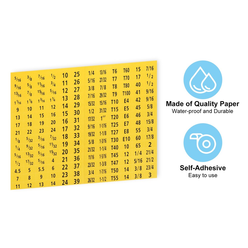 2 Set 180 Tool Box Labels Wrench Size Stickers Yellow