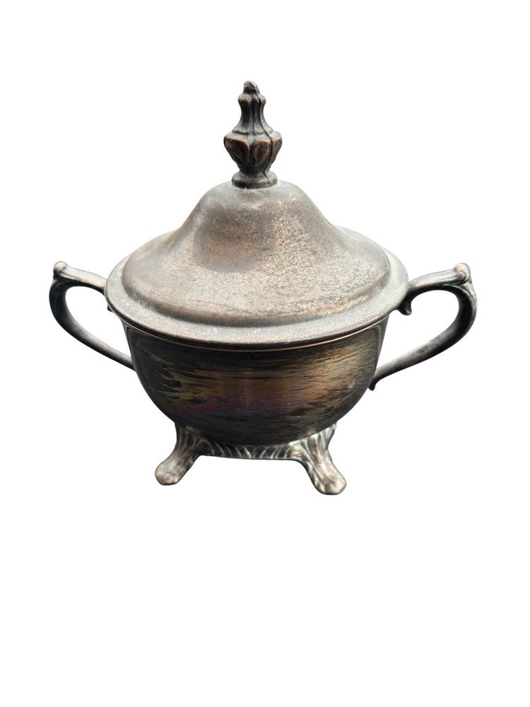 Vintage Silverplate Serving Sugar Bowl Container Footed Ornate Unmarked