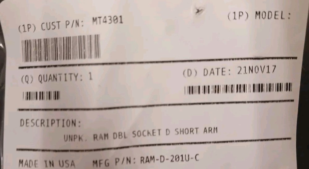RAM-D-201U-C RAM Short Length Double Socket Arm for D Size 2.25" Balls
