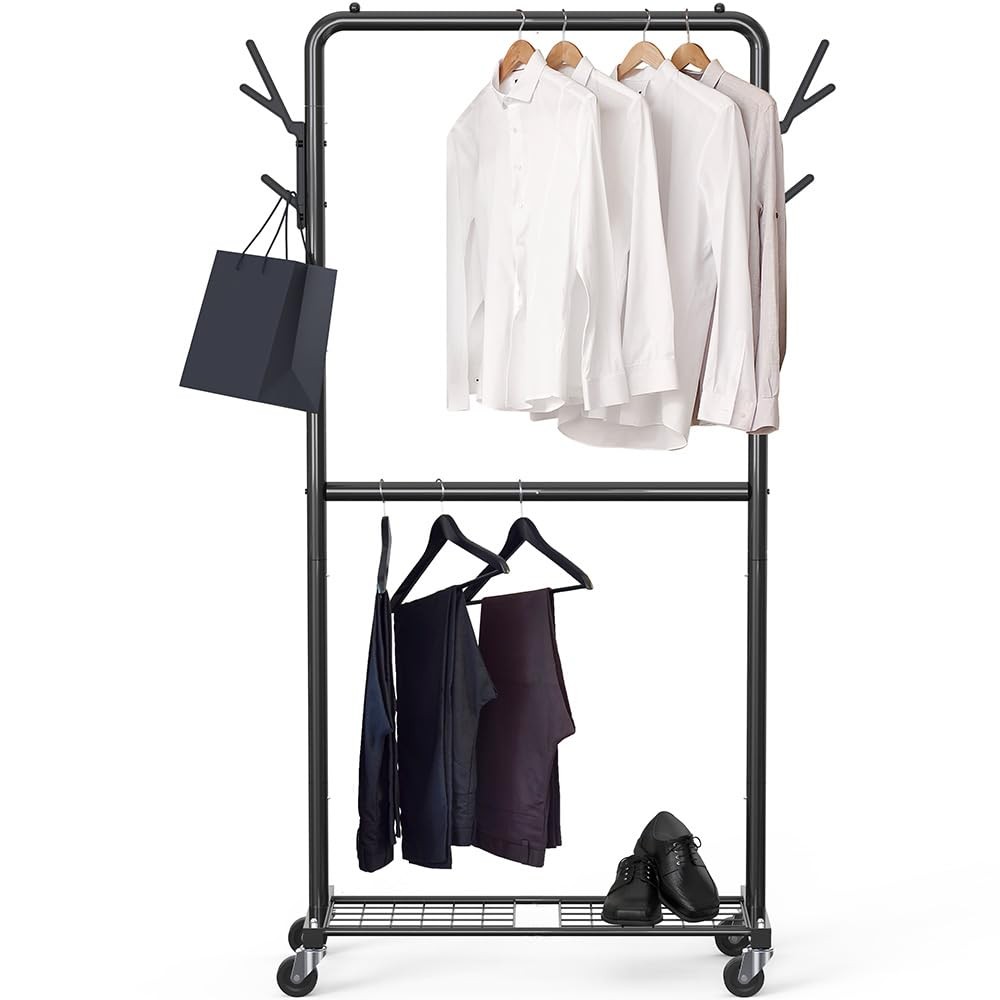 Double Rod Garment Rack with Wheels and Hooks, Black