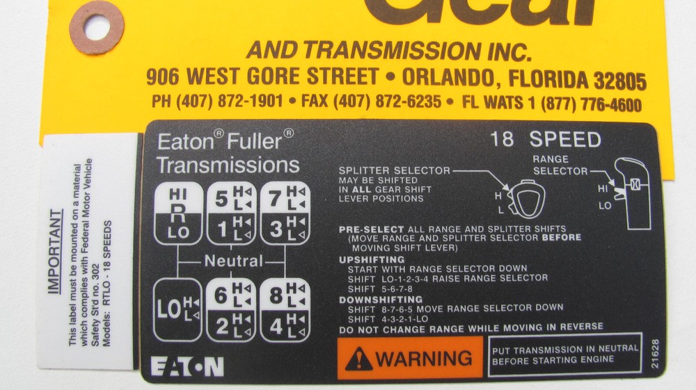 18 Speed Eaton Fuller Transmission Shift Pattern 21628