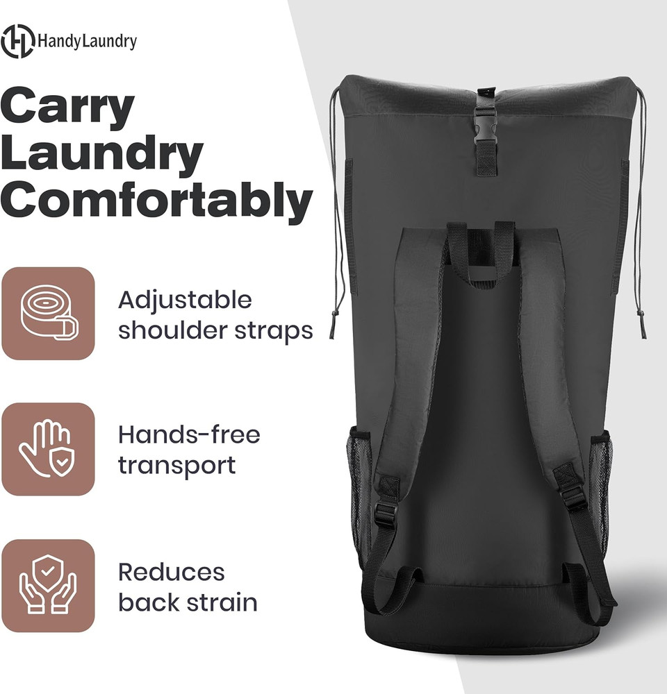 XL Heavy Duty Laundry Backpack - Adjustable Straps & Pockets - Black