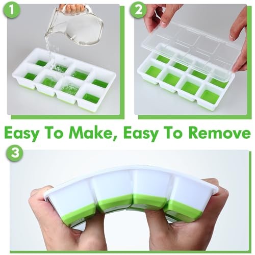 Large Ice Cube Trays with Lid, 2 Pack Stackable Silicone Ice Cube Molds Green