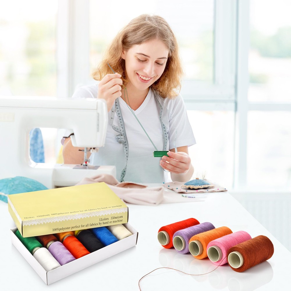 Sewing Thread Set, 12 Colors Polyester, Hand Needles, Threader Included