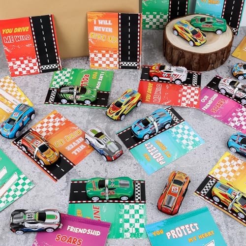 28 Pcs Valentins's Cards with Pull Back Car Valentines Day Cards Pull back car