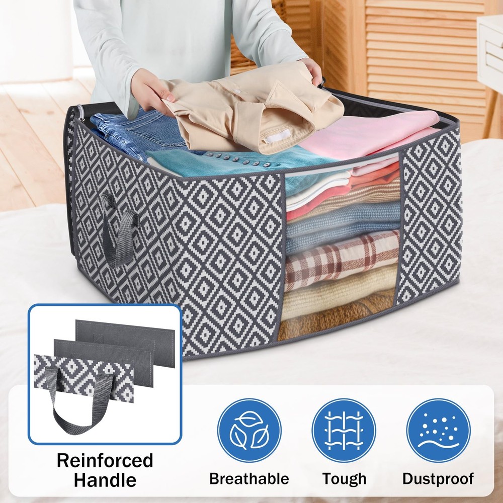 2 Pack 100L Grey Storage Bins, Foldable, Reinforced Handle, Clear Window, Bags