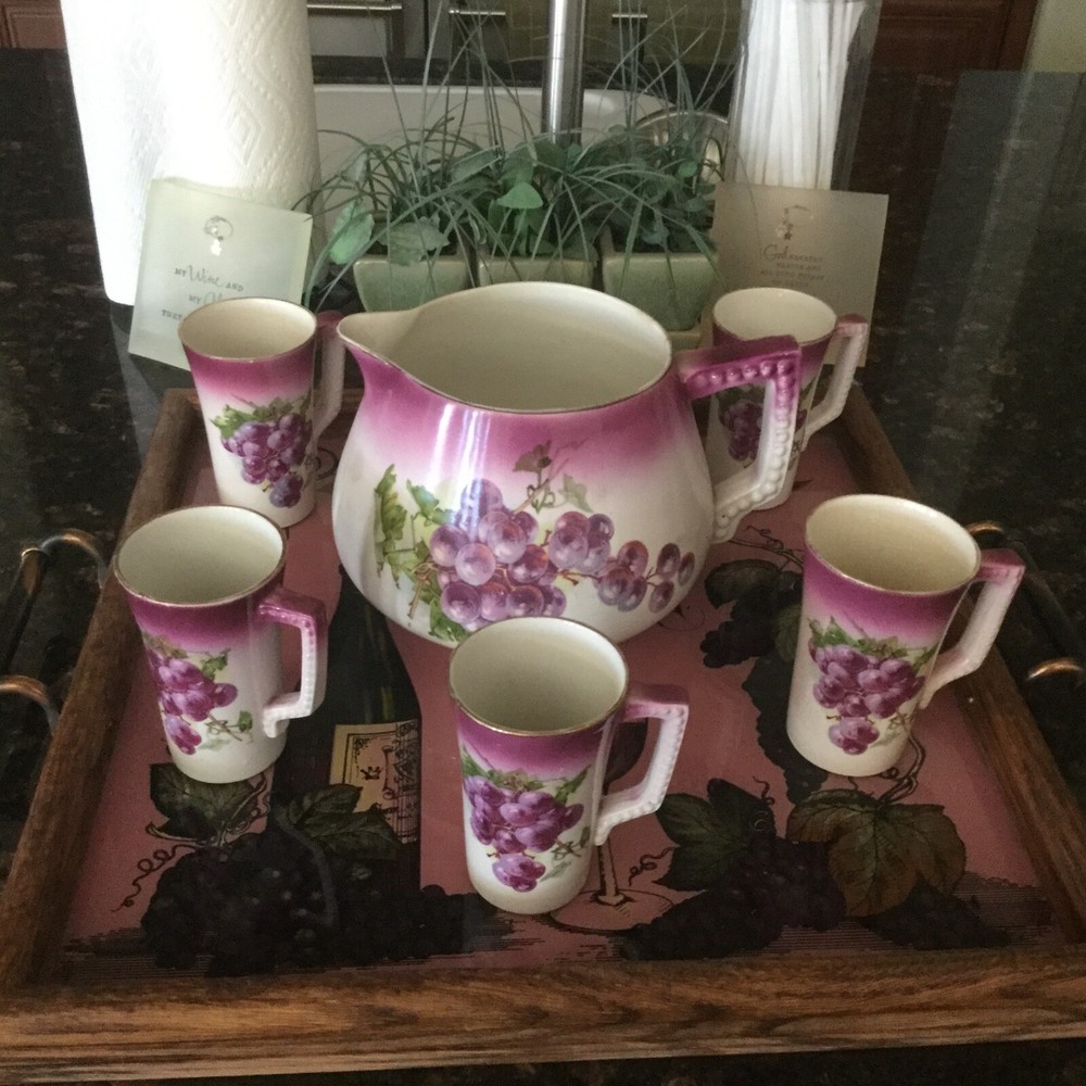Vintage Wine/Cider Serving Set - Tray, Pitcher, 5 Mugs