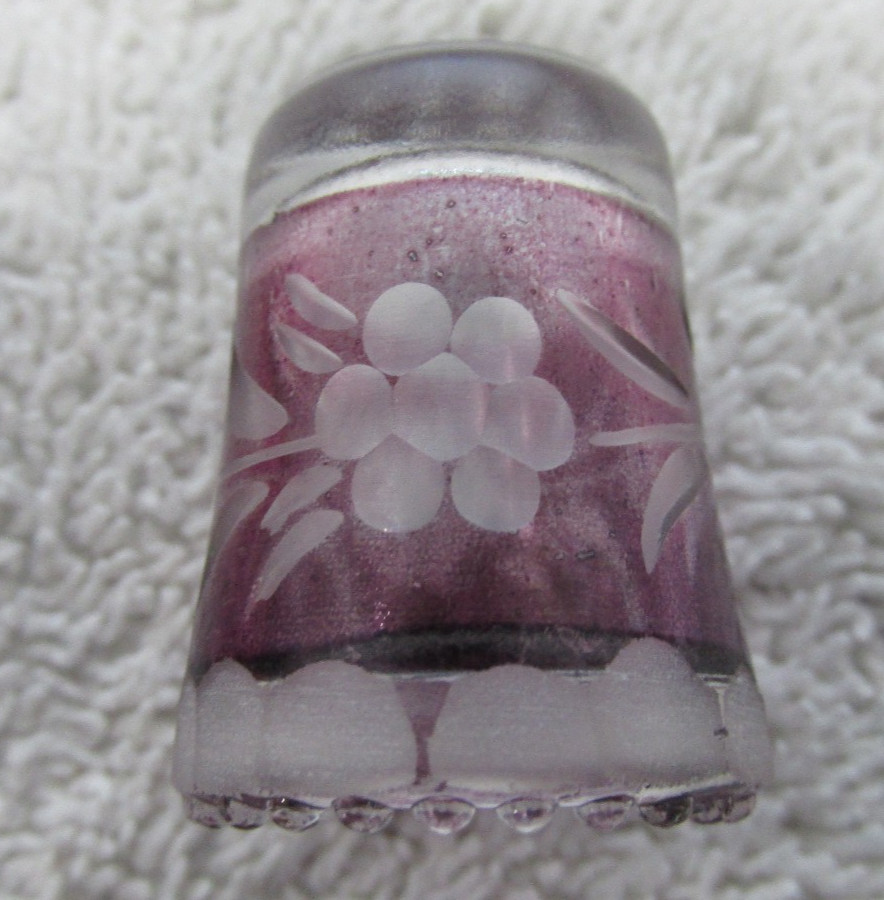 2 Antique Etched Glass Thimbles-Red & Purple