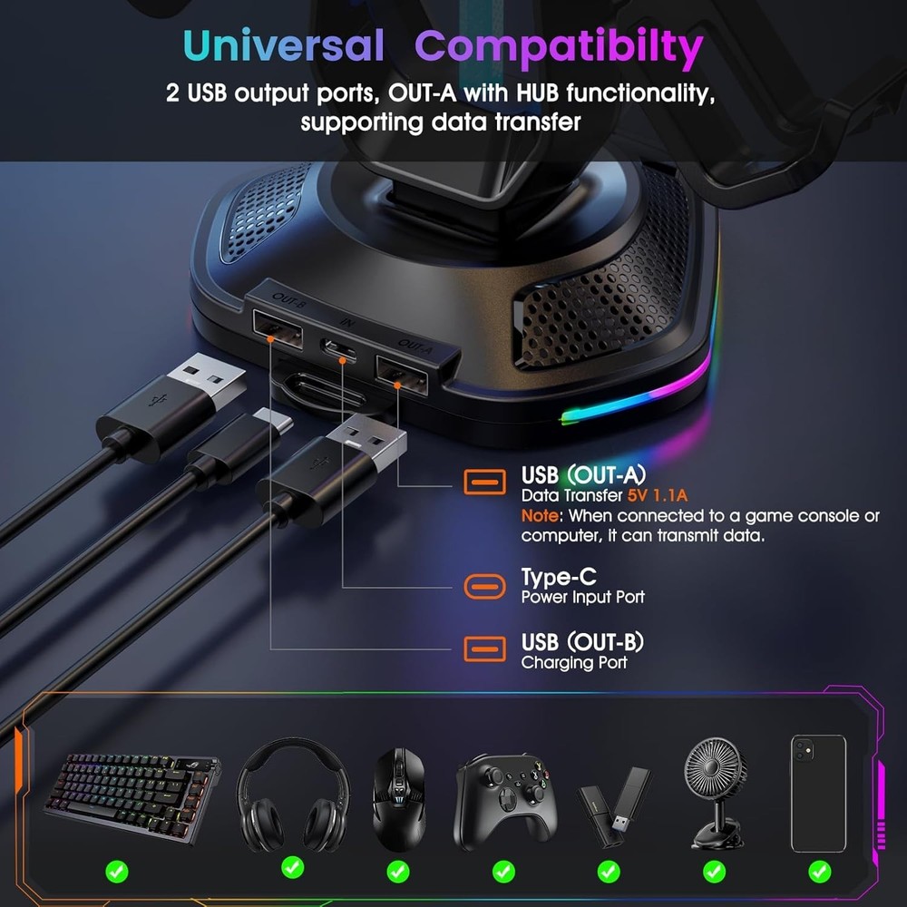New RGB Headset Stand with 12 Light Modes - Controller Holder for Desk