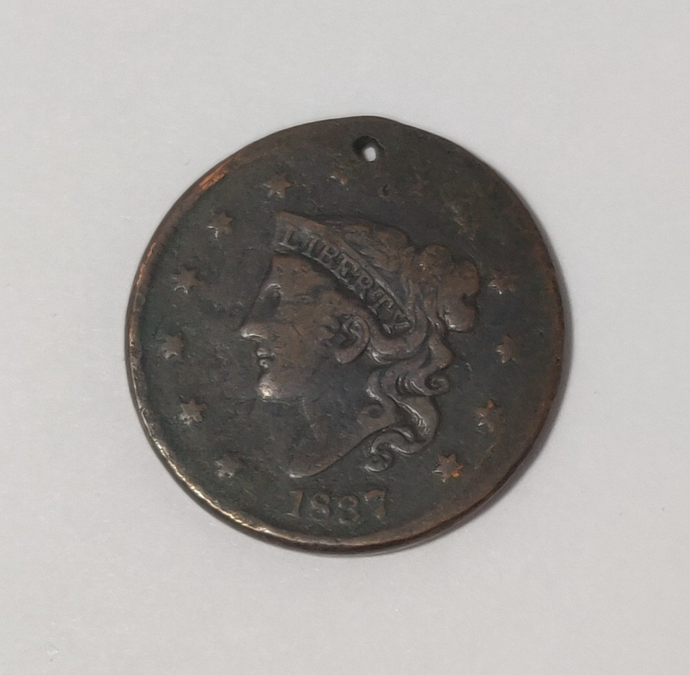 1837 LARGE CENT CORONET HEAD SURFACE DAMAGED + HOLED + SMASHED