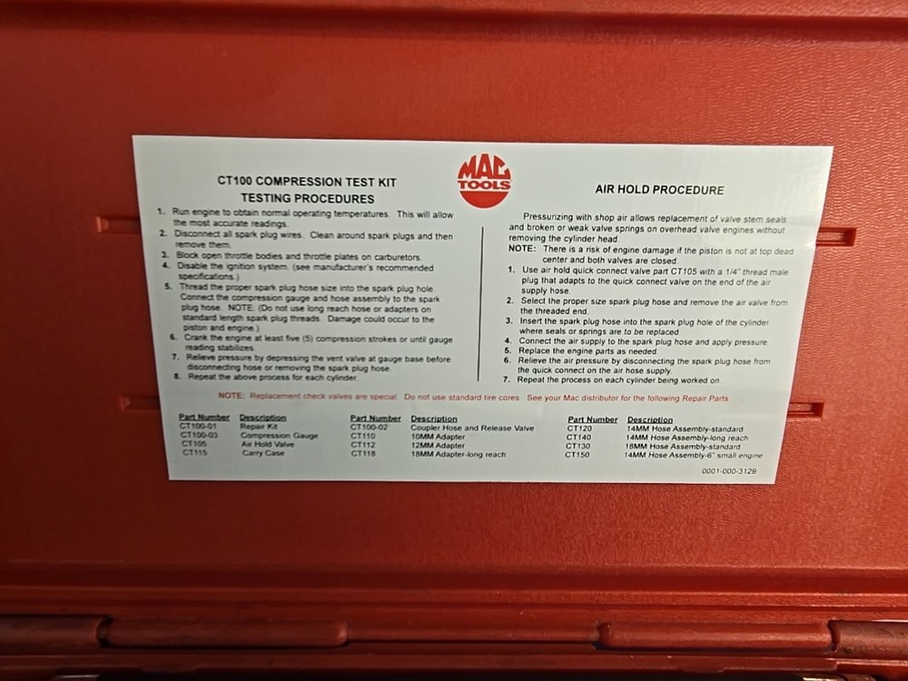 MAC TOOLS CT-100 Compression Test Kit w/ Case Free Shipping