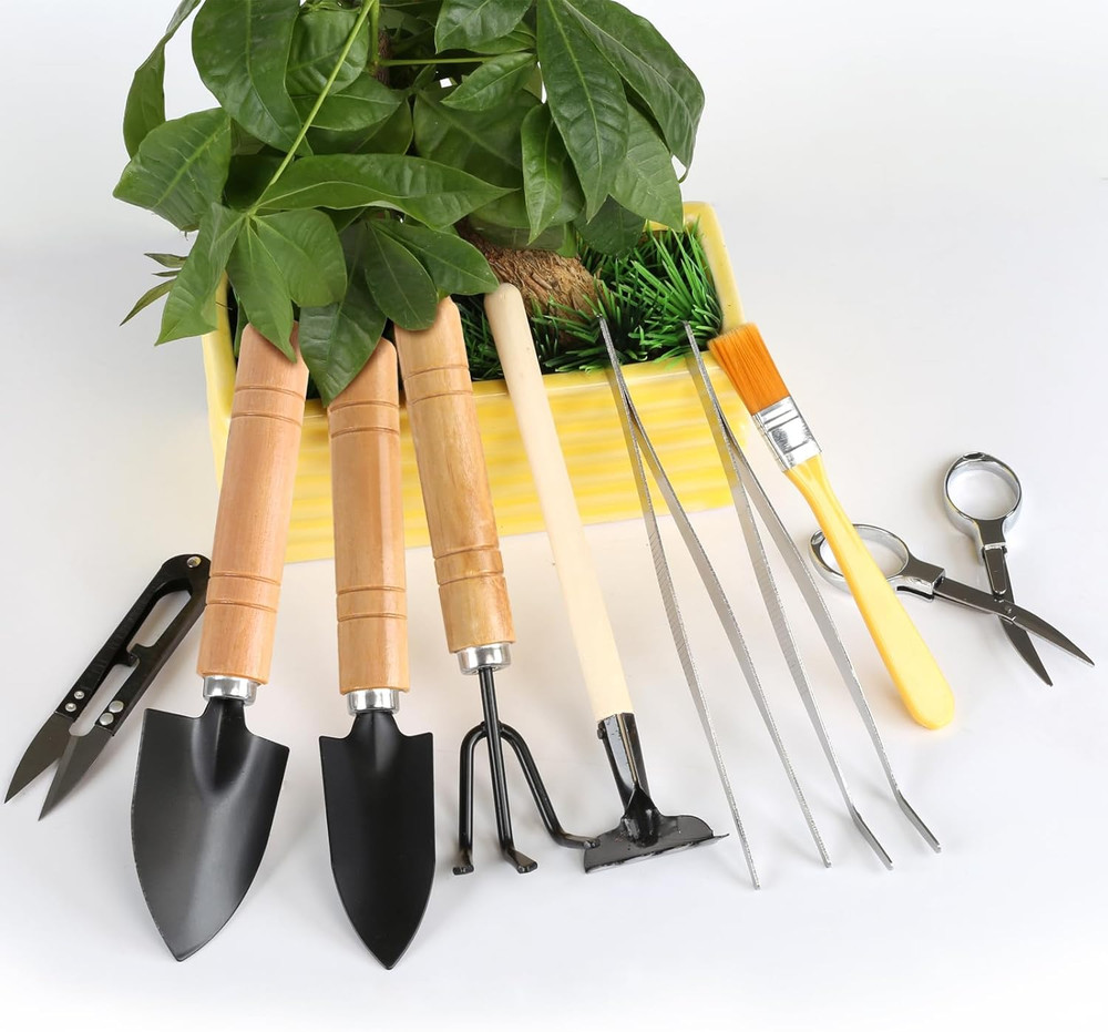 9 Piece Basic Bonsai Tools Set, Includes Pruning Shears, Mini Rake, Fold Scissor