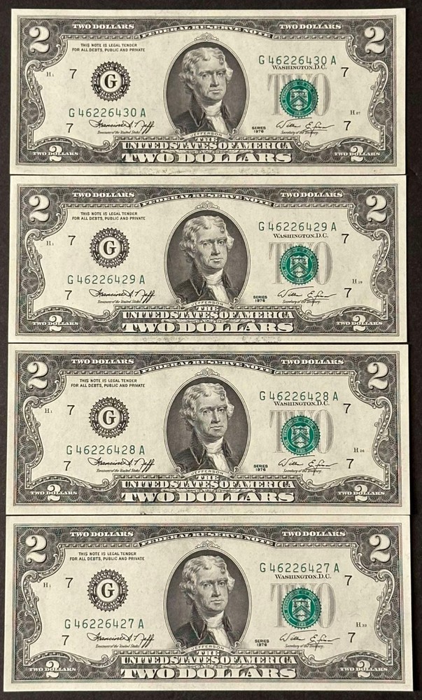 (4) Consecutive 1976 $2 Dollar Bills / Misaligned 3rd print Error / Uncirculated