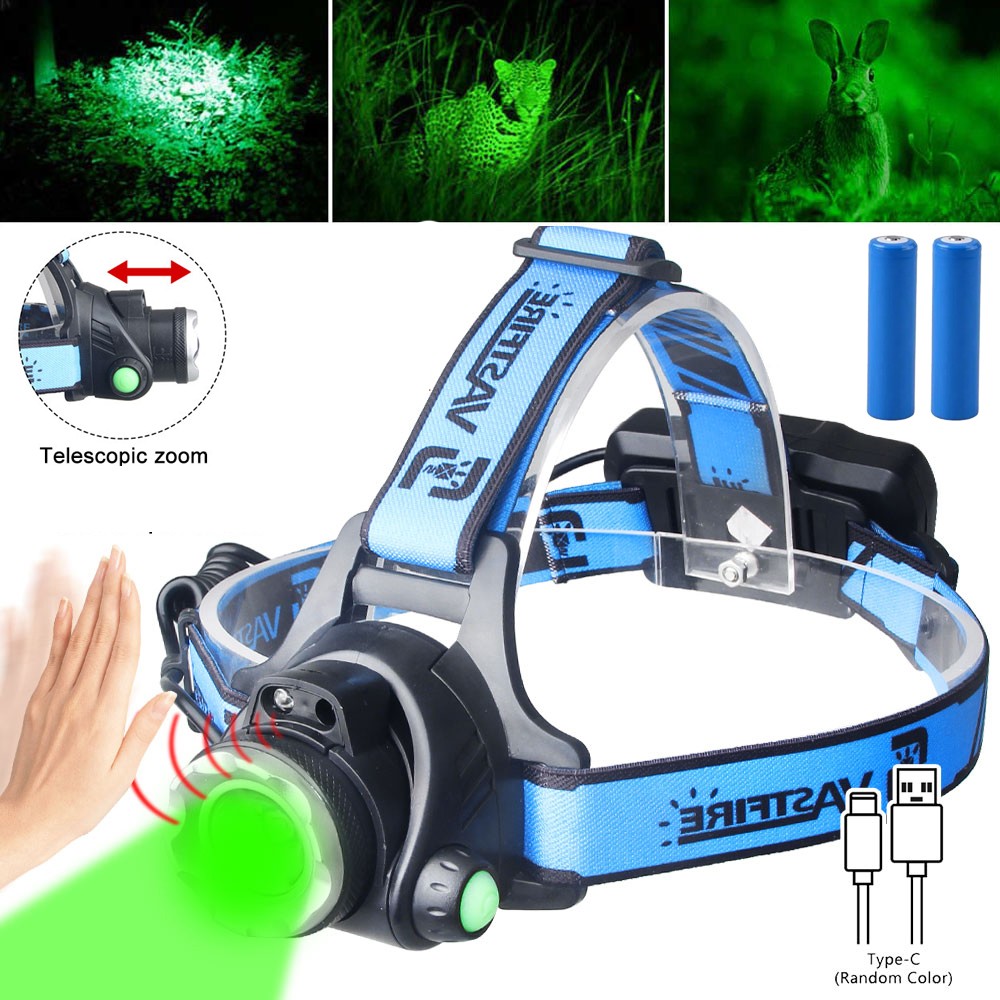 Hunting Green LED Headlamp Head Torch Sensor USB Charging Zoomable Camping Light