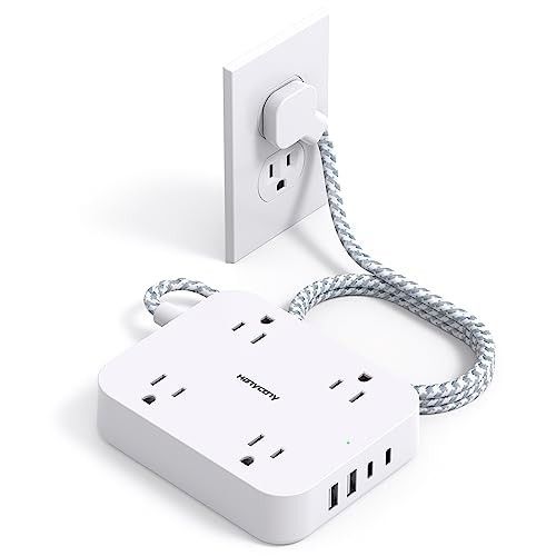 Flat Plug Extension Cord,  5ft Power Strip with 4 USB Ports(2 USB 5 Ft White