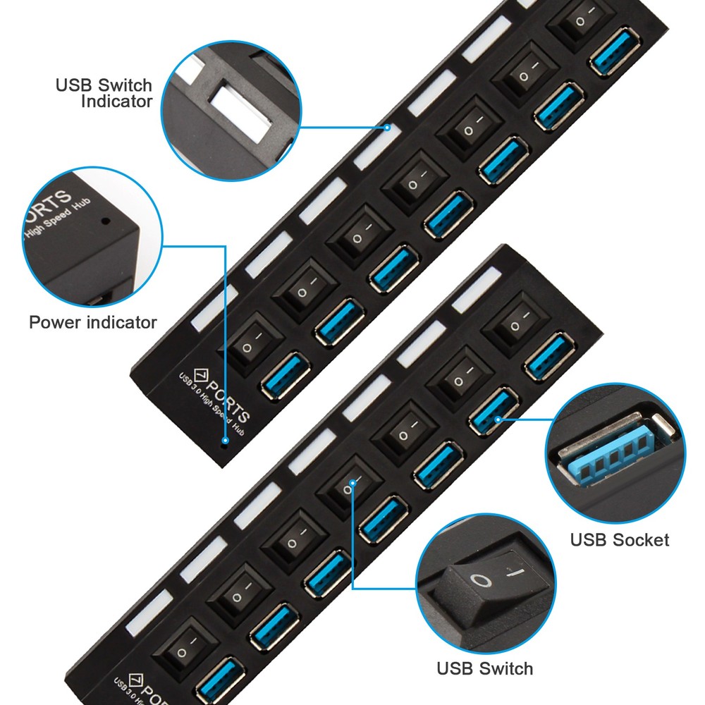 7 Port USB 3.0 Powered Hub Switch Splitter for PC Laptop Desktop Computer