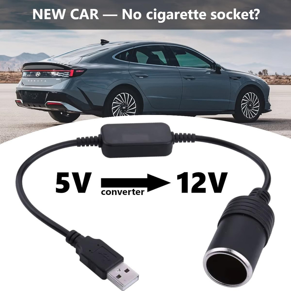 USB to Car Cigarette Lighter Socket with Step-Up Converter Adapter Cable, USB-A