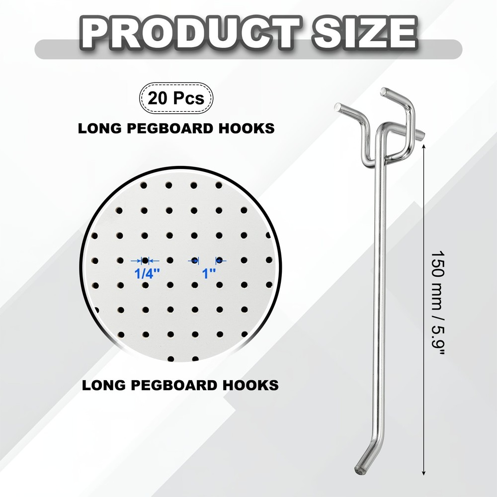 20 Pcs Pegboard Hooks, 5.9" Peg Board Hooks Kit, Silver Tone (1mm)