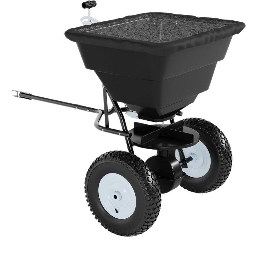 85 LBS Tow Behind Broadcast Spreader with Universal Hitch & Adjustable Flow