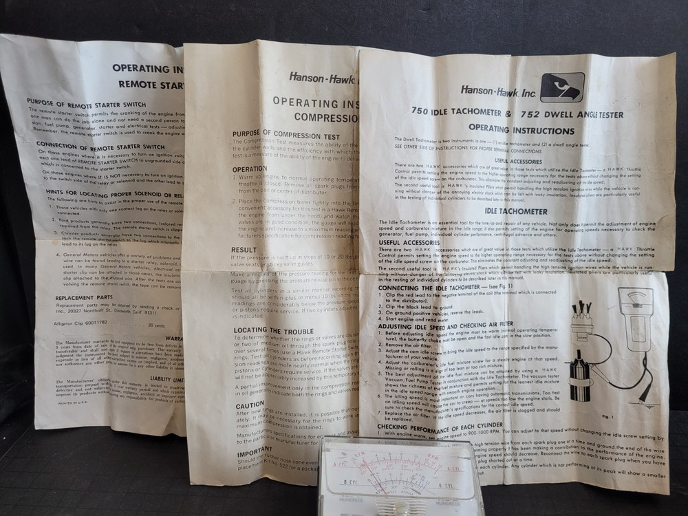 Hanson-Hawk Dwell Tachometer - Model 752 - Untested