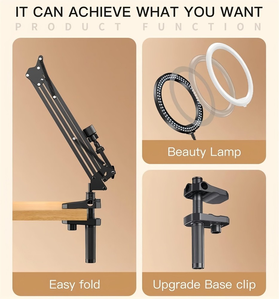 Overhead Camera Mount Phone Holder with 10" Ring Light Flexible Articulating Arm
