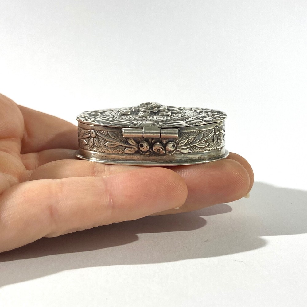 Antique Solid Silver Pillbox , Hallmarked with Floral decorations
