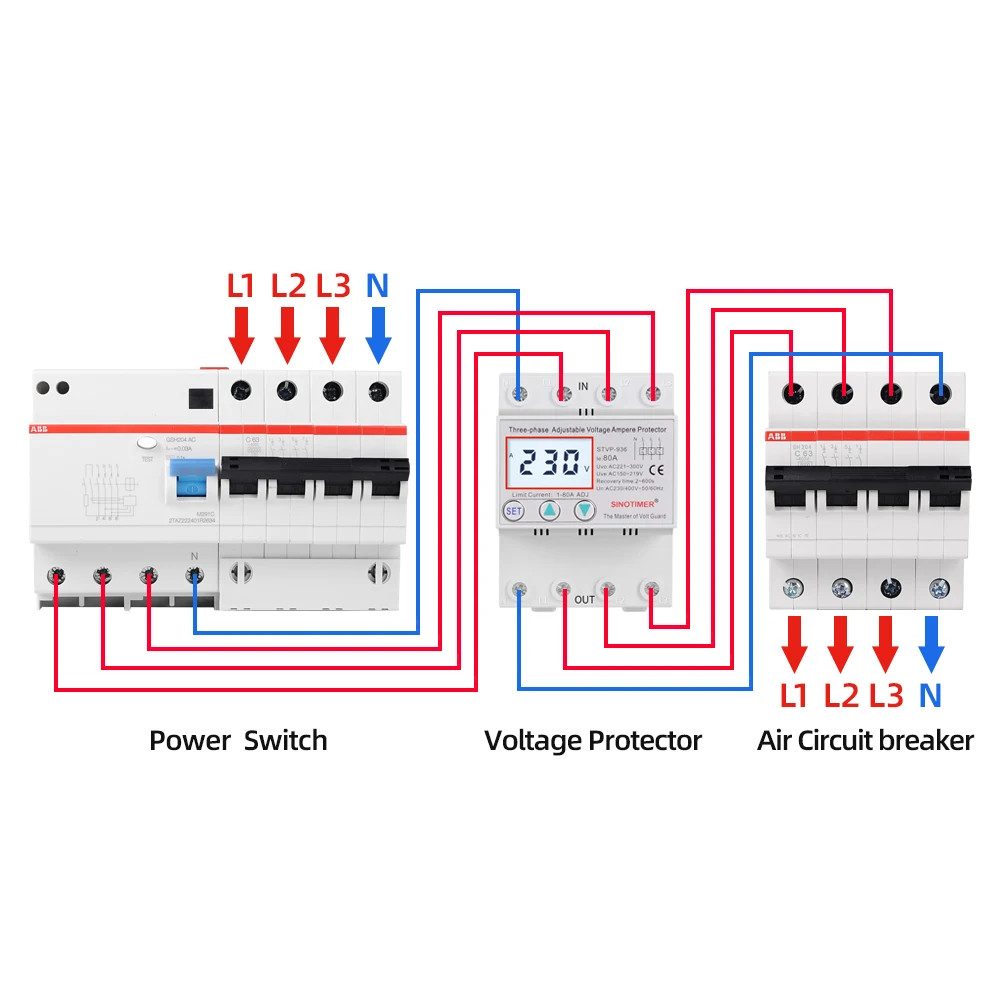 3Phase Voltage Protector Relay 380V 80A DIN Rail LCD Display Surge Limit Current