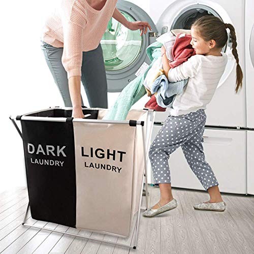 Laundry Basket 2 Section Hamper Washing Storage Basket Bag, Folding 2 sections