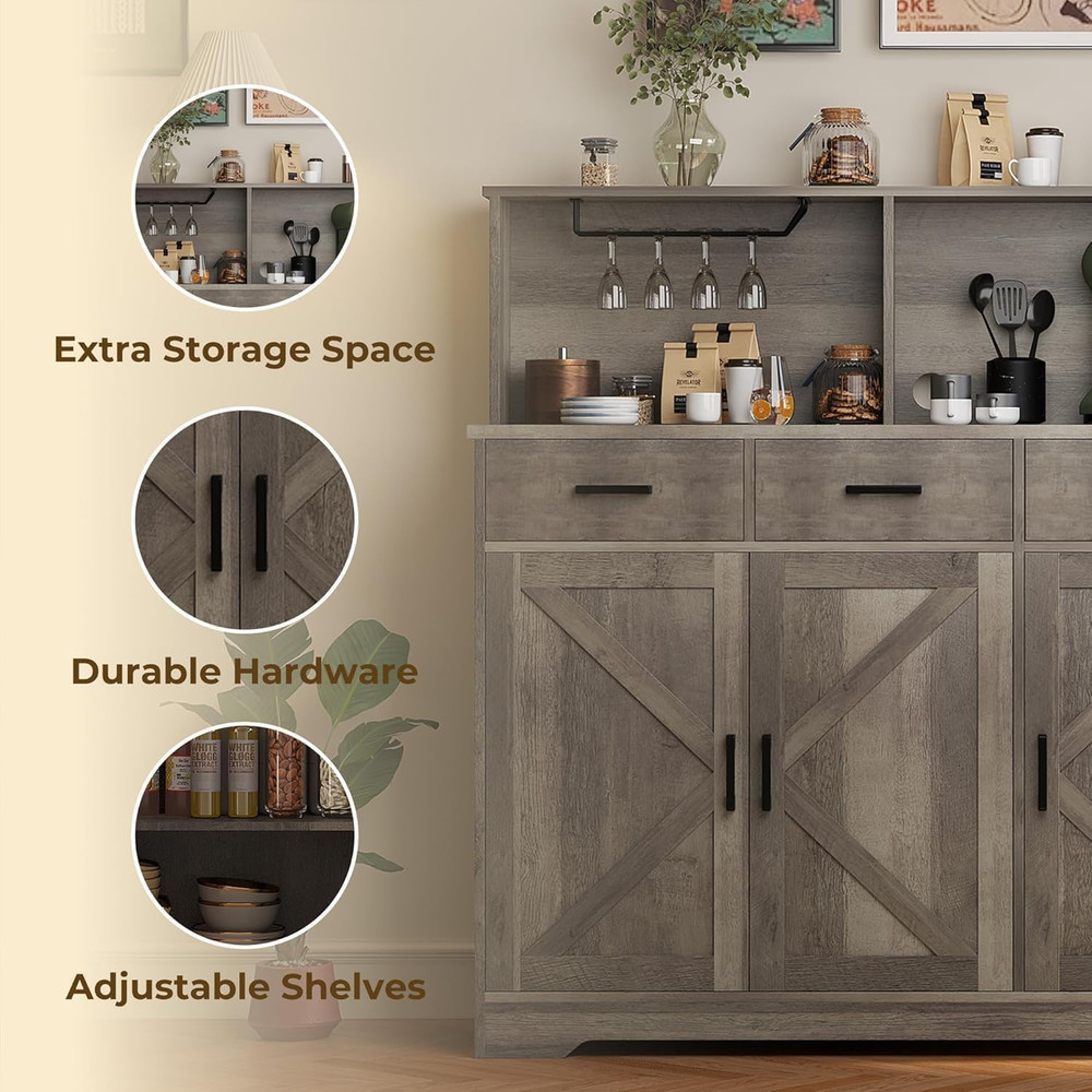 Farmhouse Buffet Sideboard with Microwave Stand & Barn Doors, Grey