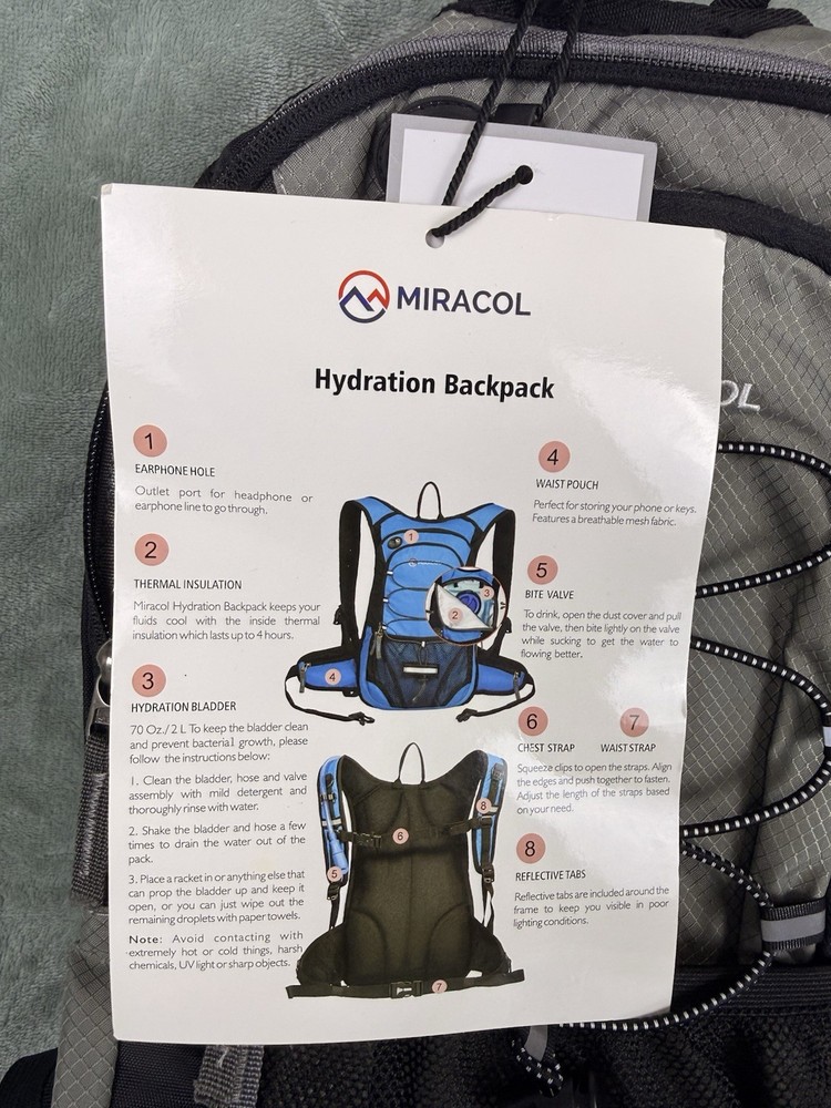 MIRACOL Hydration Backpack with 2L Water Bladder Insulated Water Backpack Gray