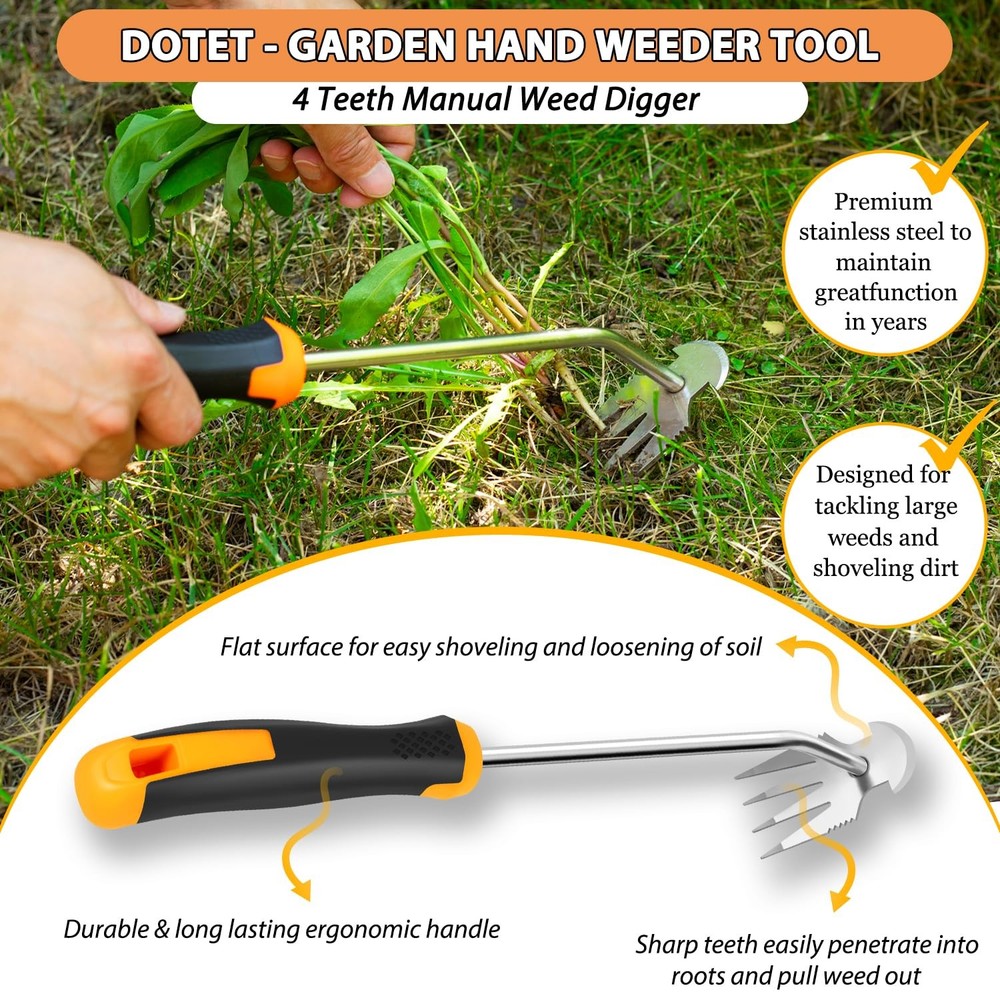 Handheld Weed Puller Tool Rubber Handle 4 Teeth for Garden Farm Weeding