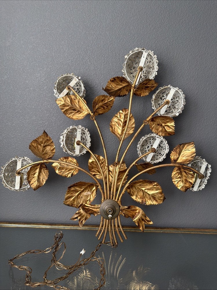 1950s Hydrangea Wall Light gilded brass with white enamel hydrangeas