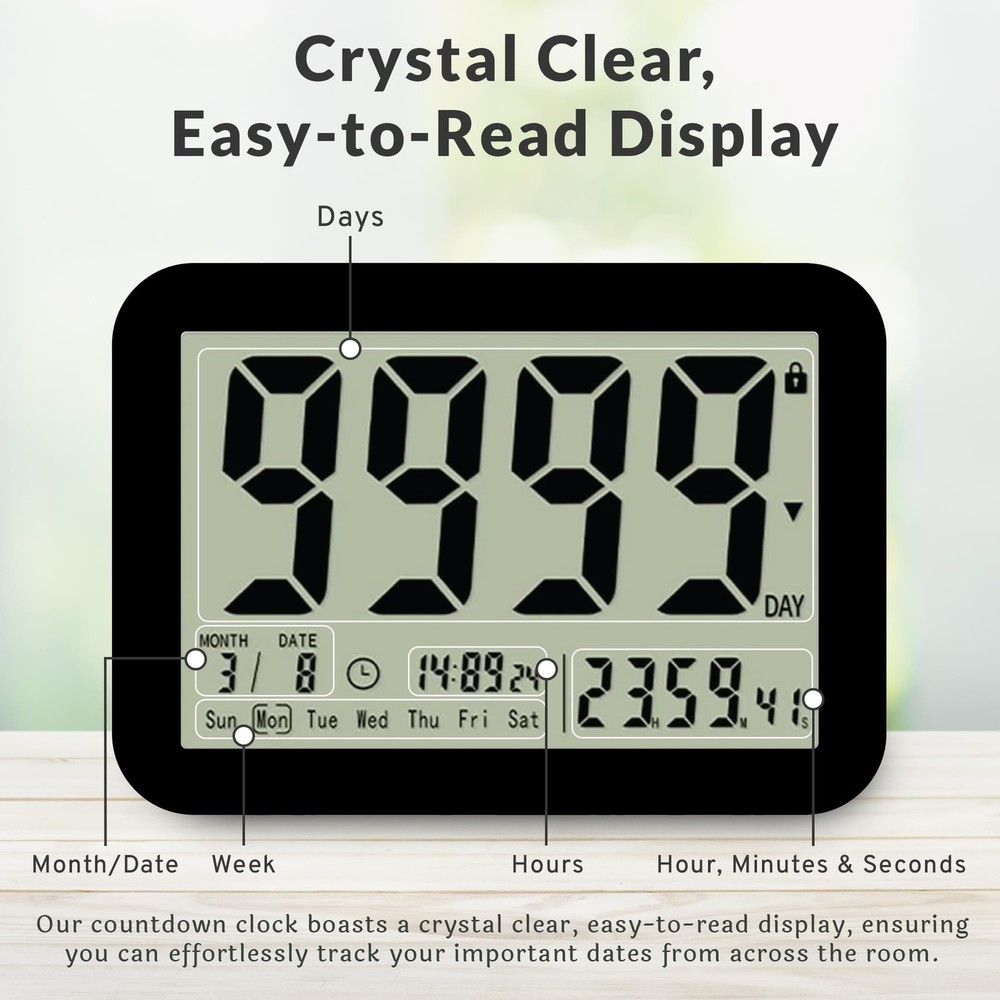 9999 Days Countdown Clock - Reusable Count Down Timer - Large Display LCD Dig